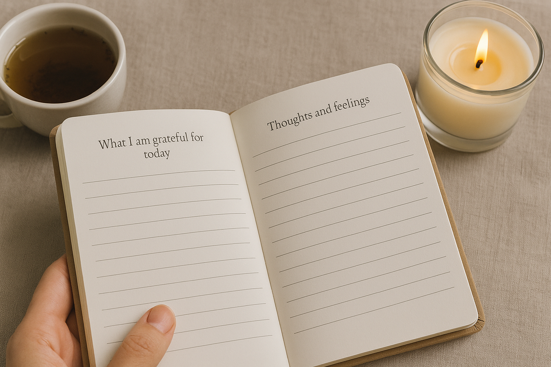 Berrion journaling thumbnail with open gratitude journal, candle, and tea creating a calm and mindful writing atmosphere