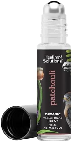Healing Solutions - Organic Patchouli Essential Oil Roll On USDA Certified, Calm Meditation, Skin, Body Oil, Gifts for Women, Perfume - 10ml