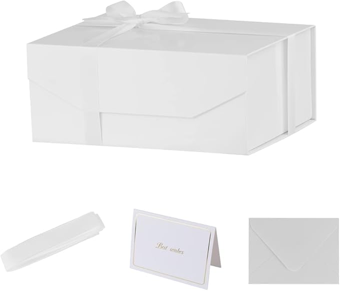 1PCS White Gift Box with Ribbon 9.5x7x4 Inches,Sturdy Gift Box with Lid for Gift Packaging, Foldable Magnetic Closure Storage Boxes, Bridesmaid proposal box, Rectangle Collapsible Box