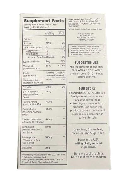 TRULABS Sleep - Strawberry Hibiscus. Sugar Free Sleep Drink. Each Serving Contains: Magnesium, GABA, Passionflower, Valerian Root, Ashwagandha Root & Lemon Balm Leaf Extracts, with 3mg Melatonin (6ct)