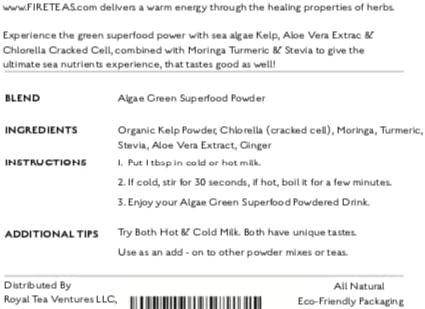 FIRE TEAS Greens Superfood Powder with Seaweed & Chlorella (Cracked Cell) - Organic Turmeric, Kelp, Moringa, Stevia, Aloe Vera Extract, Ginger - Smoothies, Yogurt & Milkshakes -
