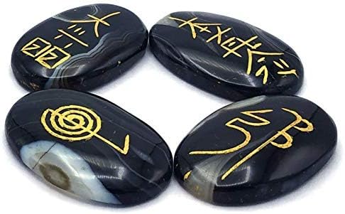 Amazing Gemstone Sulemani Agate Crystal Reiki Stones with Engraved Symbols for Usui Reiki Healing, Set of 4 Pcs (Indian Handmade Reiki Gift Set)