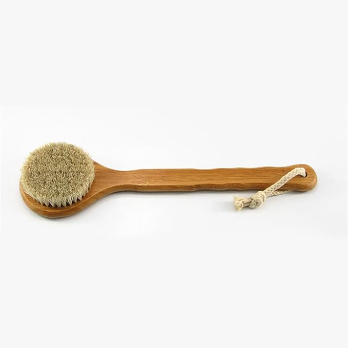 12.6” Long Handle Dry Bath Body Brush Back Scrubber, Bamboo Handle Shower Brush with Soft Horsehair Mane Natural Bristles, Great for Detox, Exfoliating, Cellulite, Blood Circulation, etc.