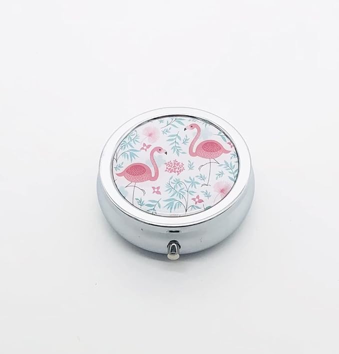 A Pink Flamingo Pill Box Purse Pocket Small Round Silver Pill Case Decorative Box Metal Medicine Vitamin Pill Organizer Portable Unique Gift