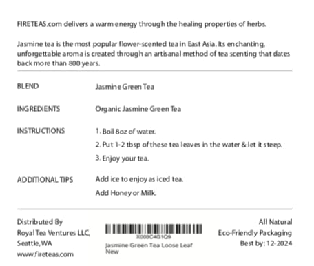 FIRE TEAS Jasmine Green Tea - Loose Leaf Tea -