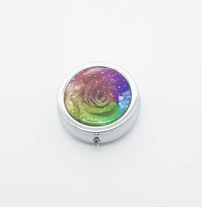 Colorful Rose with Water Drop Pill Box Purse Pocket Small Round Silver Pill Case Decorative Box Metal Medicine Vitamin Pill Organizer Portable Unique Gift