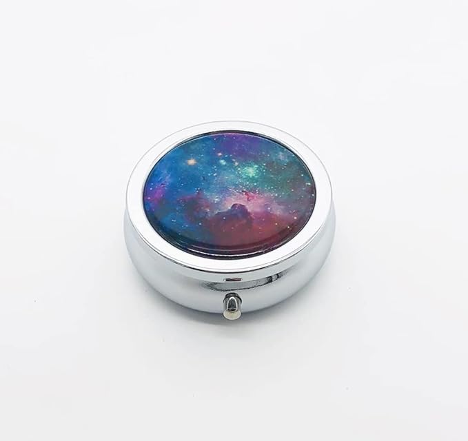 Generoc Galaxy Space Universe Pill Box Purse Pocket Small Round Silver Pill Case Decorative Box Metal Medicine Vitamin Pill Organizer Portable Unique Gift