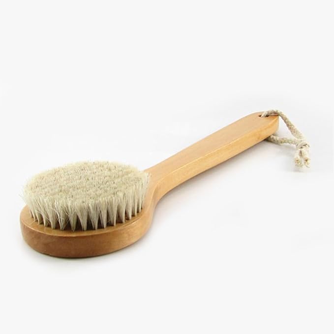 11.8 Inch Long Wooden Handle Dry Body Brush Back Scrubber, Bath Shower Brush Scrubber with Soft Horsehair Mane Natural Bristles, Good for Cellulite, Detox, Exfoliating, Blood Circulation,etc.