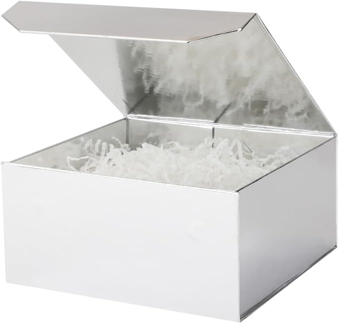 1 Pcs 6x6x3 Inch Silver Magnetic Gift Box with Crinkle Paper Silver Small Gift Box with Shredded Paper Luxury Gift Boxes with Lids for Presents