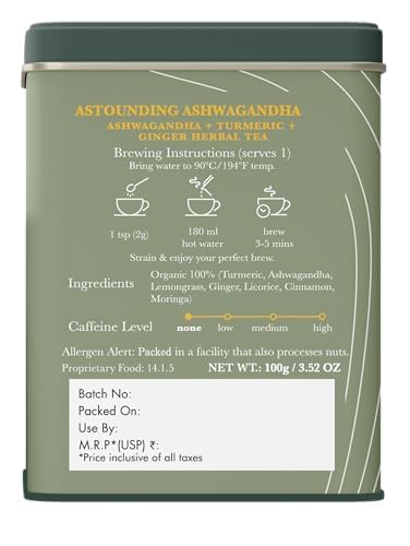 Luxmi Estates - Astounding Ashwagandha - Organic Loose Leaf Tea - 100g (50 Cups) | With Ashwagandha, Turmeric, Ginger, Lemongrass & More | Perfect Stress Relief Tea