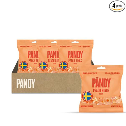PANDY, Swedish Sugar Free Candy, Peach Rings (1.8 Ounce Bags, Pack of 4) - Diet Candy, Healthy, Keto Gummy, Low Calorie Sweets