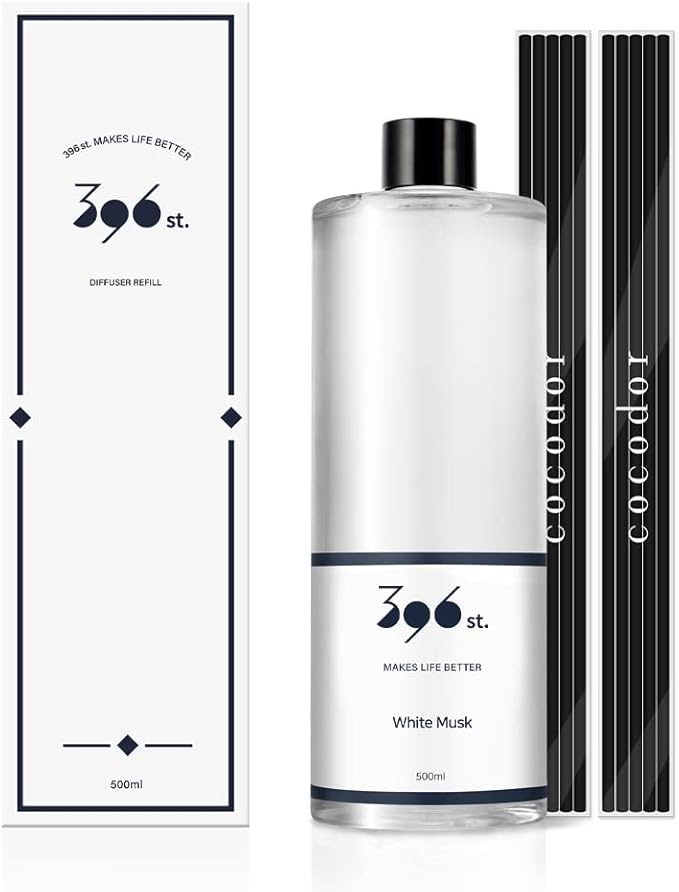 396 st. Reed Diffuser Oil Refill, WhiteMusk, 16.9oz(500ml), 10 Fiber Reed Sticks/Home Fragrance, Scented Oil Refills, Oils for Reed Diffuser, Home Décor