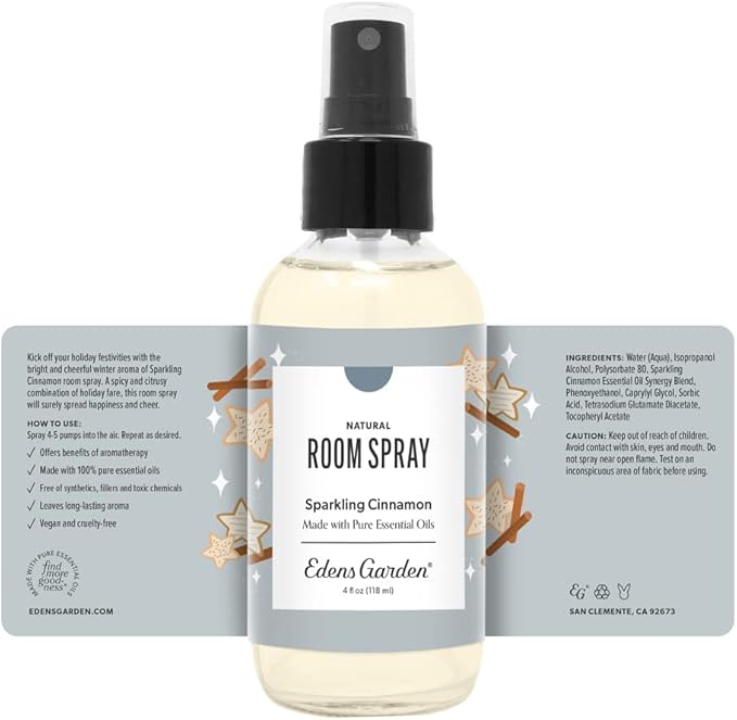 Edens Garden Sparkling Cinnamon Natural Room & Linen Spray – 100% Pure Essential Oil Aromatherapy Mist for Holiday & Christmas Scents – Non-Toxic, Long-Lasting Festive Air Freshener, 4 fl oz (118 ml)