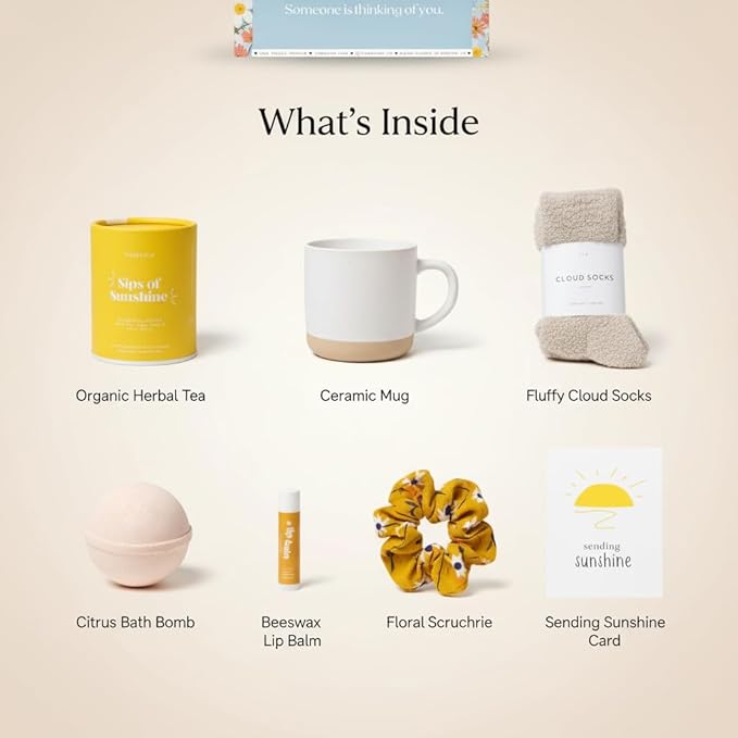 Unboxme Sunshine Care Package for Women, Spa Gift Basket with Tea, Mug, Bath Bomb, Candle, Cozy Socks, Thinking of You, Get Well, Birthday