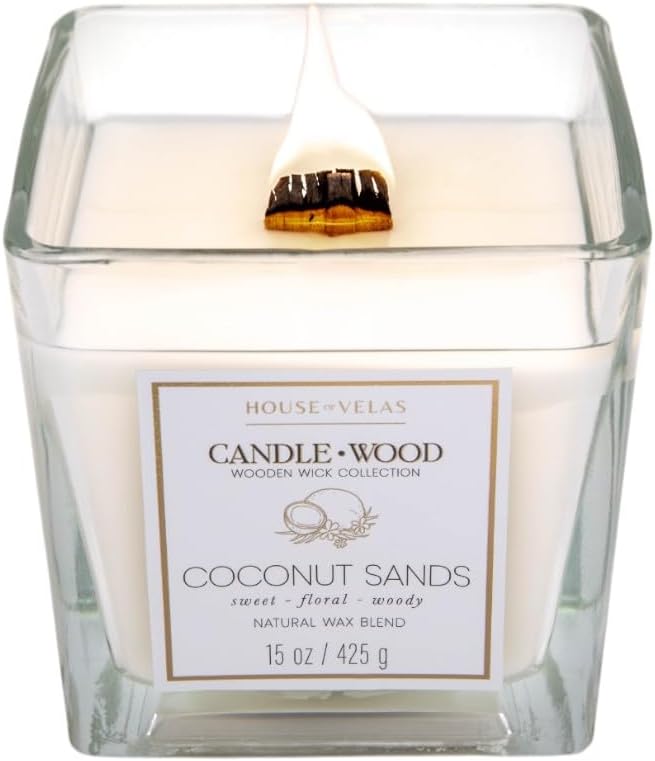 Candle Wood Collection, 15 oz, 1 Wooden Wick, Coconut Sands, Square Glass Jar Candle