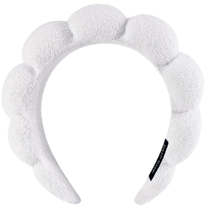 Spa Headbands for Washing Face or Makeup, Sponge Bubble Skincare Headbands, Puffy Terry Cloth Hairband for Women, Skin Care Makeup Headwear Hair Accessories for Girls (White)