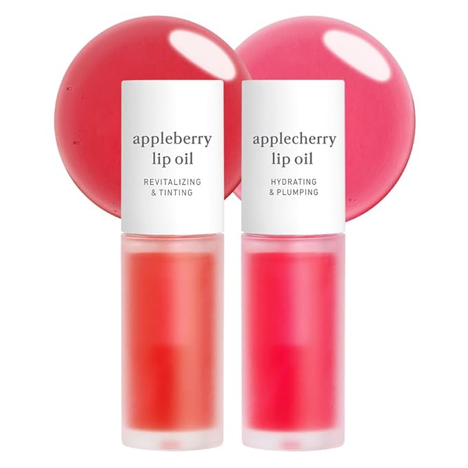 NOONI Korean Lip Oil Set - Appleberry & Applecherry | Long-Lasting, Moisturizing, Plumping, Revitalizing for Dry Lips, Waterproof, No Peel Off, 0.12 FL Oz x 2ea