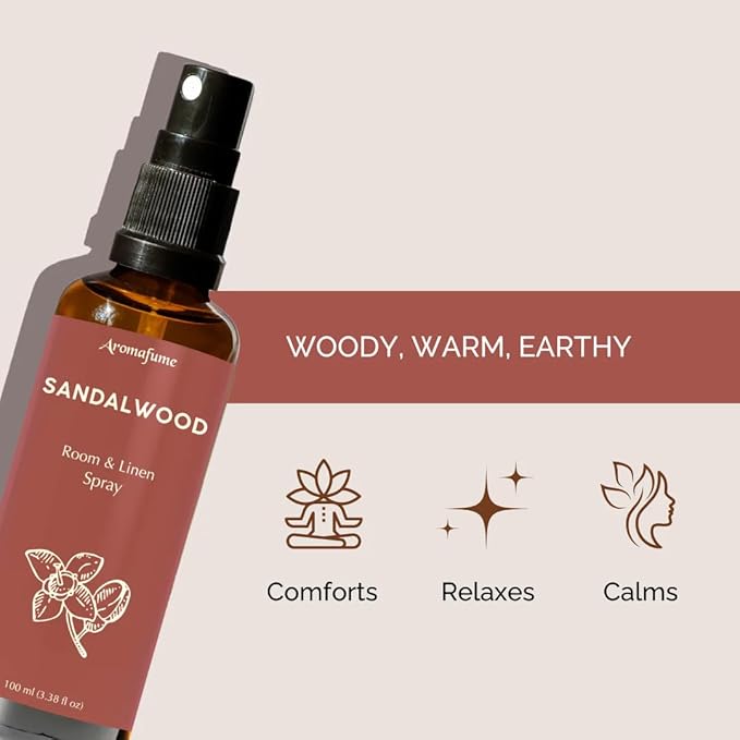 Aromafume Sandalwood Room, Linen & Pillow Spray 100ml/3.38 fl oz | with Pure Sandalwood Essential Oil | Aromatherapy Spray for Relaxation, Sleep & Stress Relief | Mist for Bedding, Fabrics