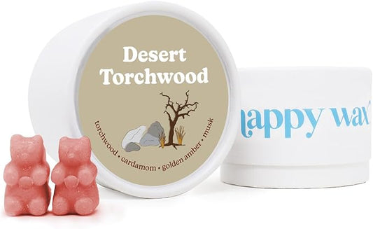 Happy Wax Desert Torchwood Scented Bear Wax Melts - Natural Strong Woodsy Scented Wax Melts Infused w/Essential Oils - Non Toxic Wax Melt. Scented Soy Wax Melts for Warmers (4 oz Tin)
