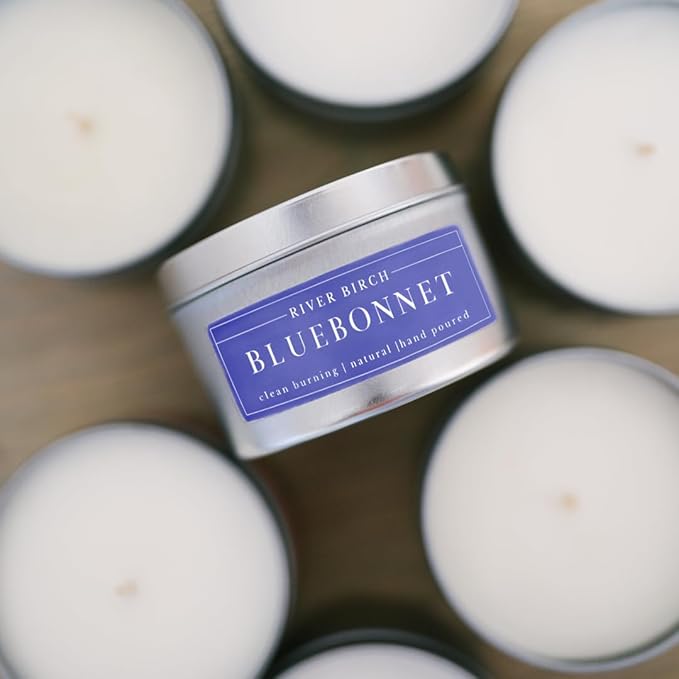 River Birch Premium, All-Natural, Non-Toxic Soy Wax Candle | Bluebonnet Scented | 8 oz. Silver Travel Tin | Cozy Relaxing Gifts for Home