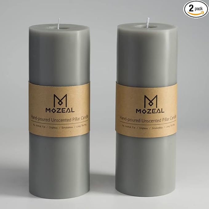 MOZEAL 3" x 8" Hand-Poured Unscented Large Candle,Smokeless Rustic Pillar Candle Set of 2,Slow Burn,No Drip,Approx 150 Hours Burning,Wedding,Dinner,Christmas and Home Decorative,Tall Gray Candle
