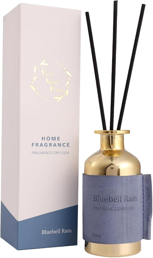 Reed Diffuser Set, Pretty Valley Home Diffuser 80Ml / 2.7 fl OZ Gift Box - Includes Reed Diffuser Sticks, Long Lasting Fragrance Oil and Glass Bottle for Office Living Room Decor (Bluebell Rain)