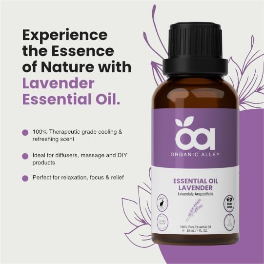 Lavender Essential Oil by Organic Alley | 100% Pure Therapeutic Grade | Natural Aromatherapy Oil | Essential Oil for Relaxation | Lavandula Angustifolia (1 Fl Oz, Lavender)