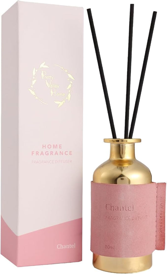 Reed Diffuser Set, Pretty Valley Home Diffuser 80Ml / 2.7 fl OZ Gift Box - Includes Reed Diffuser Sticks, Long Lasting Fragrance Oil and Glass Bottle for Office Living Room Decor (Chantel)