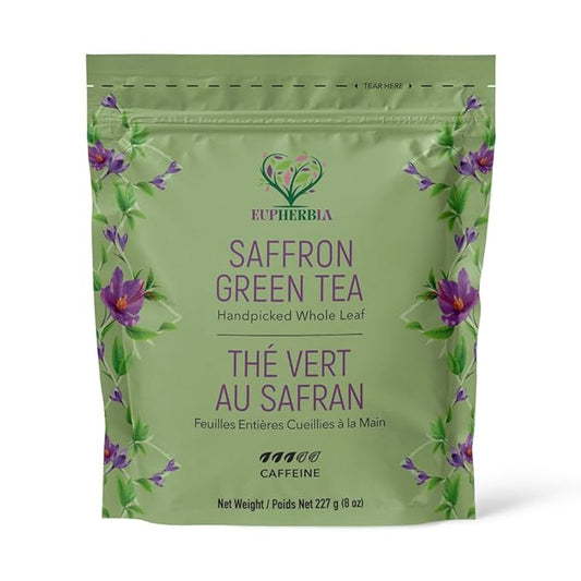 Eupherbia Saffron Green Tea, Handpicked, Highland Grown Whole Leaf Tea, Enriched with 3 Grams of Premium Saffron Threads, Herbaceous, Grassy, Bittersweet, 227g (8 oz)