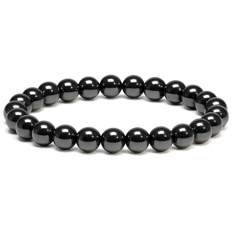 Hematite Crystal Bracelet – Healing Crystal Bracelet for Women and Men – 8mm Round Beaded Bracelet for Anxiety Relief – Elastic Adjustable Size Bead Calming Bracelet