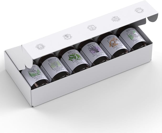 HBNO Essential Oils Set (10ml) - Top 6 Essential Oils. Ideal for Aromatherapy, Soap Making, and Skincare and More - Lavender, Eucalyptus, Tea Tree, Peppermint, Orange, Lemongrass
