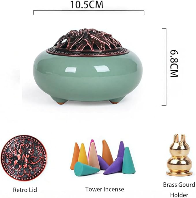 Ceramic Incense Burner Set with Brass Gourd Holder, Smudging Bowl for Incense Sticks, Cones, Sage, Frankincense & Palo Santo, Portable Ash Catcher for Home, Meditation, Yoga and Gift Giving (07)