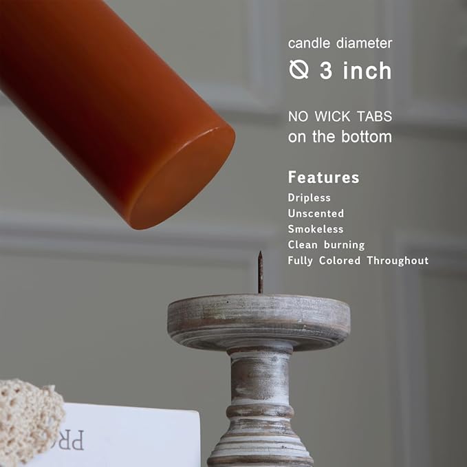 MOZEAL 3" x 8" Hand-Poured Unscented Large Candle, Smokeless Rustic Pillar Candle Set of 2, Slow Burn, No Drip, Approx 150 Hours Burning, Dinner, Autumn and Home Decorative,Tall Burnt Orange Candle