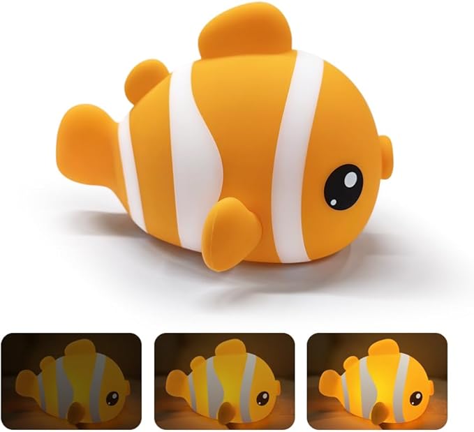 Clownfish Silicone Night Light for Kids – 3-Level Dimmable Tap Lamp with Timer, Soft BPA-Free Nursery Nightlight for Baby & Toddler, USB-C Rechargeable, Bedside Breastfeeding Light