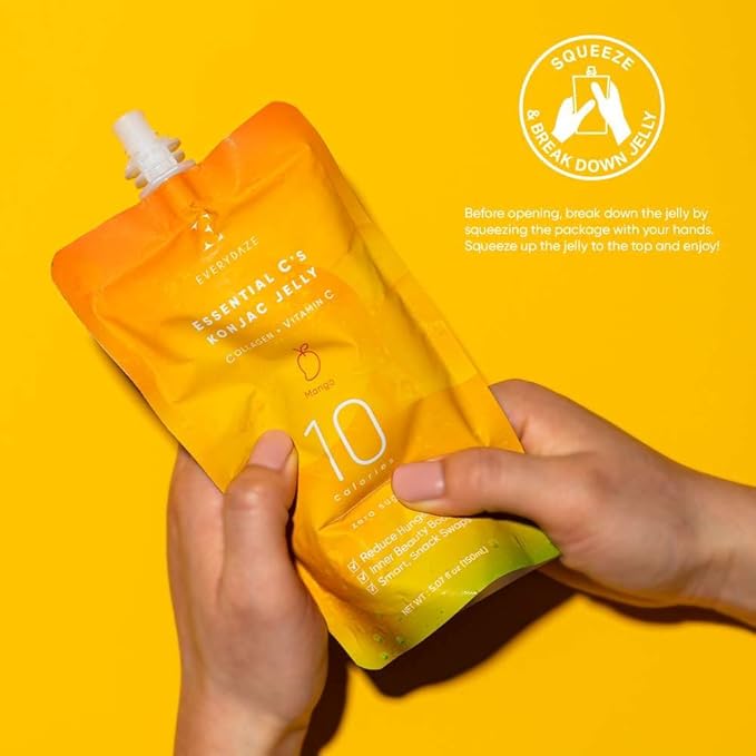 EVERYDAZE Essential C’s Konjac Jelly | Mango | Vegan Collagen Peptides and Vitamin C | Gluten Free, Sugar Free, Low Calorie | Healthy Drinkable Fruit Snack | 10 Pack Box Food Drink Pouch