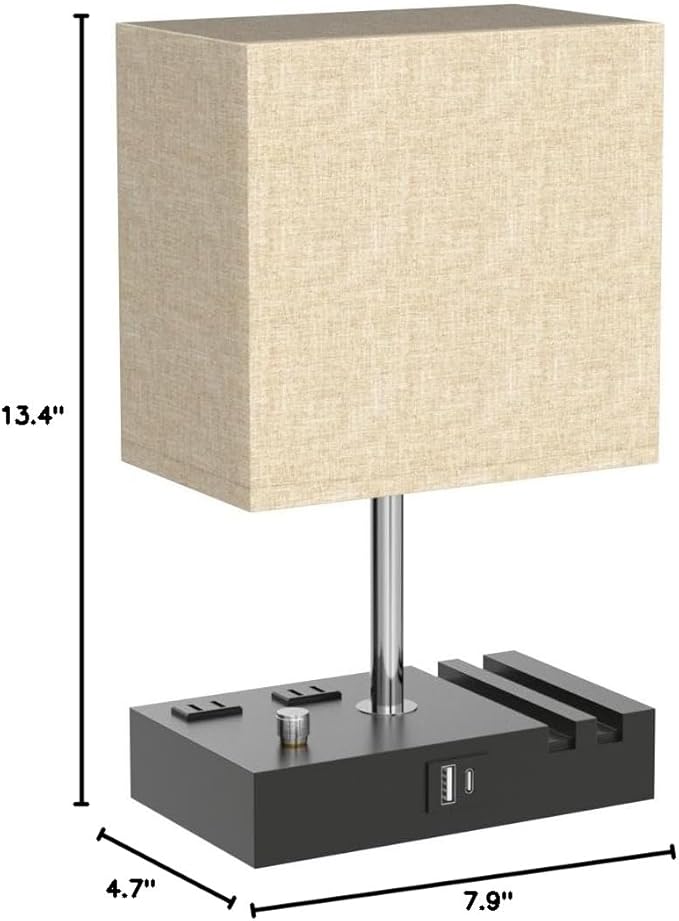 Kakanuo Table Lamp for Bedroom with Dual USB Ports, Beige Fully Dimmable Bedside Lamp with Phone Stands and 2 Charging Outlets, Desk Lamp for Nightstand and Living Room, LED Bulb Included