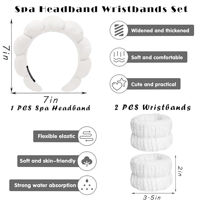 Spa Headbands for Washing Face Wristband Set Sponge Makeup Skincare Headband Wrist Towels Bubble Soft Terry Towel Cloth Hairband for Women Puffy Headwear Non Slip Thick Thin Hair Headwear (White)