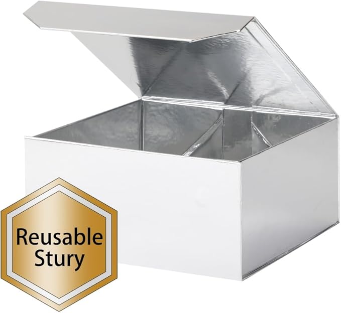 1 Pcs 6x6x3 Inch Silver Magnetic Gift Box with Crinkle Paper Silver Small Gift Box with Shredded Paper Luxury Gift Boxes with Lids for Presents