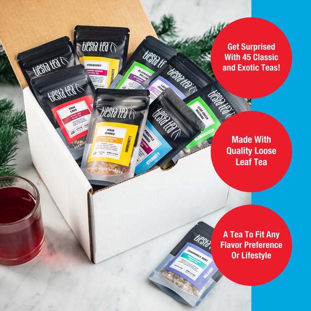 Tiesta Tea - Tiesta Tastings Sampler Dry Flight Set, Loose Leaf, High to No Caffeine, Makes Hot and Iced, Assorted Tea Sets with Herbal, Chai, Fruit Blend & More, 45 Resealable Sample Pouches