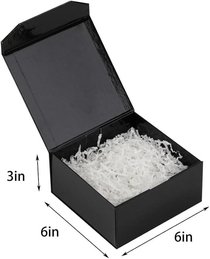 1 Pcs 6x6x3 Inch Black Magnetic Gift Box Small Magnetic Box with Crinkle Paper Black Small Gift Box with Shredded Paper Luxury Gift Boxes with Lids for Presents