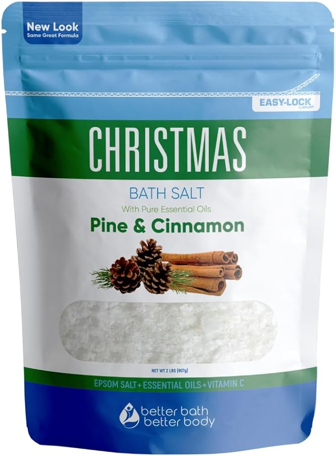 Christmas Bath Salt 32 Ounces Epsom Salt with Natural Pine, Cinnamon, Peppermint, Clove and Orange Essential Oils Plus Vitamin C in BPA Free Pouch with Easy Press-Lock Seal