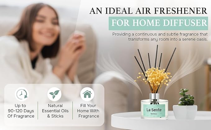 Reed Diffuser Set, Glass Bottle with Black Rattan Sticks, Dried White Flowers, 6.7fl oz, 200ml (Bamboo)