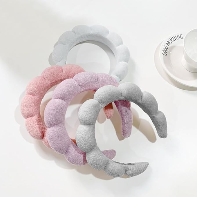 Spa Headbands for Washing Face or Makeup, Sponge Bubble Skincare Headbands, Puffy Terry Cloth Hairband for Women, Skin Care Makeup Headwear Hair Accessories for Girls (Beige)
