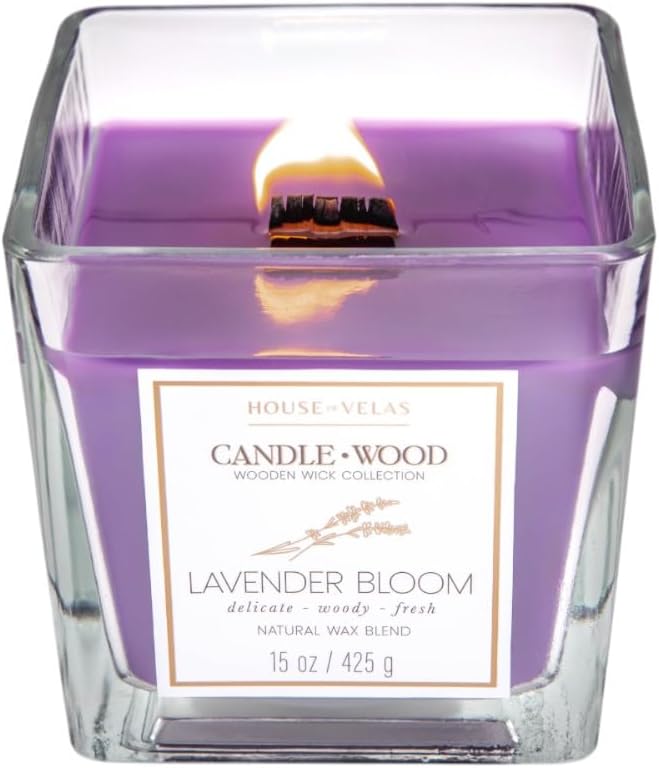 Candle Wood Collection, 15 oz, 1 Wooden Wick, Lavender Bloom, Square Glass Jar Candle