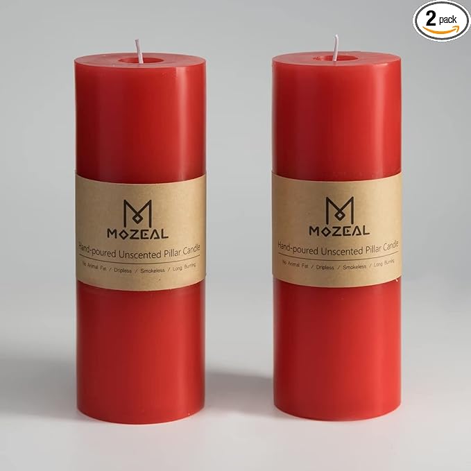 MOZEAL 3" x 8" Hand-Poured Unscented Large Candle,Smokeless Rustic Pillar Candle Set of 2,Slow Burn,No Drip,Approx 150 Hours Burning,Wedding,Dinner,Christmas and Home Decorative,Tall Red Candle