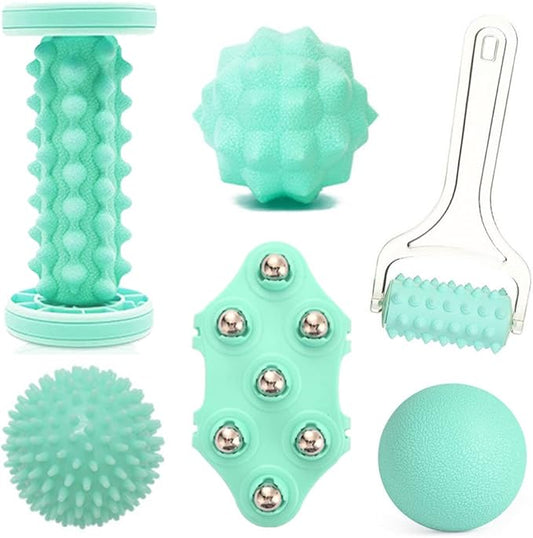 Foot Massage Ball & Foot Rollers 6 in 1 Set with Handheld Roller, Spiky Ball, Lacrosse Ball, Massage Roller, Steel Ball Massager for Relieve Plantar Fasciitis, Deep and Superficial