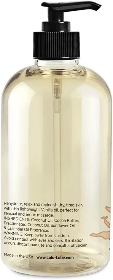 Lulu Vanilla Massage Oil with Fractionated Coconut & Cocoa Butter, Deeply Nourishing Non-Greasy Body Oil for Smooth Skin & Relaxation, for Date Night, Couples Massage & Massage Therapy, 16 fl oz Pump