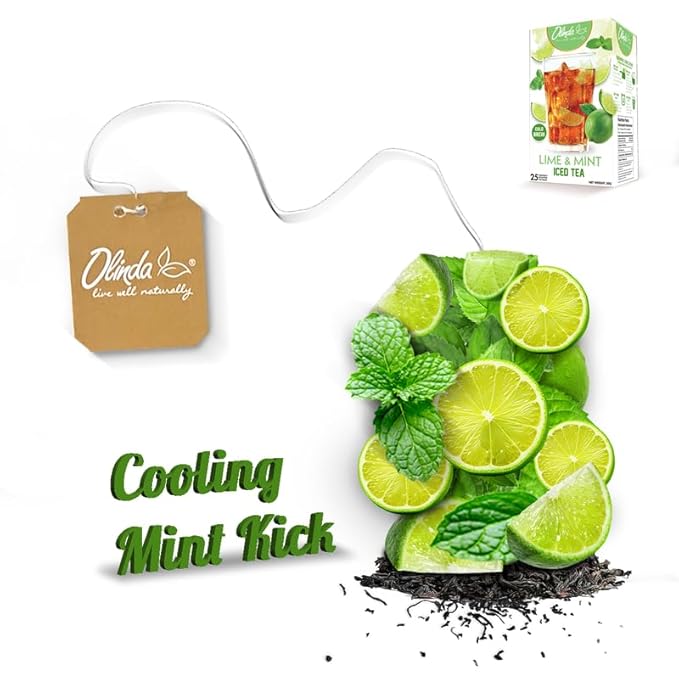 Olinda Lime & Mint Iced Tea Organic Hot and Cold Brew Refreshing Antioxidant Rich Summer Healthy Caffeinated Peppermint Tea Easy to Make Individually Wrapped 25 Tea Bags