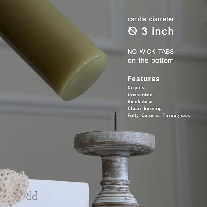 MOZEAL 3" x 6" Hand-Poured Unscented Candle, Dripless Pillar Candle Set of 3, Long Lasting Burning, Approx 120 Hours Burn Time, Rustic Country Style, for Easter Dinner, Spring Decor, Sage