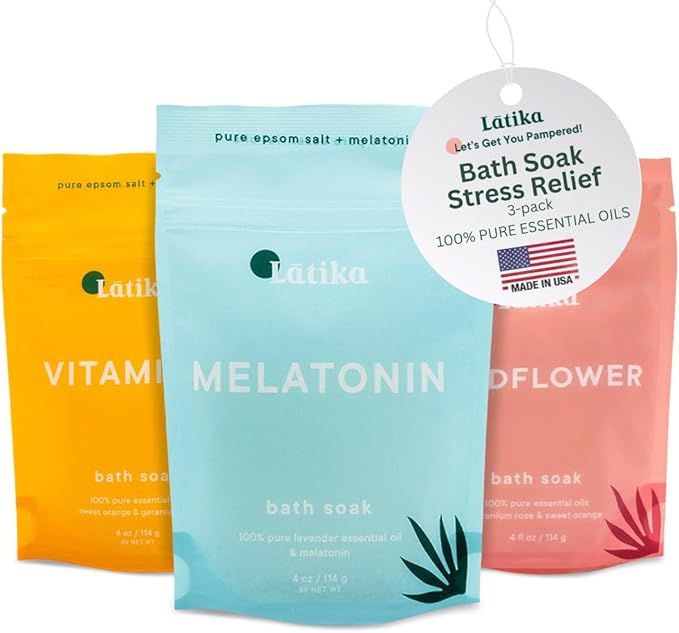 Latika Soaks Set of 3 - Wildflower, Melatonin, Vitamin C - Moisturizing Bath Soak with Epsom Salt & Essential Oils for Stress Relief, Muscle Recovery, & Relaxation - at-Home Spa